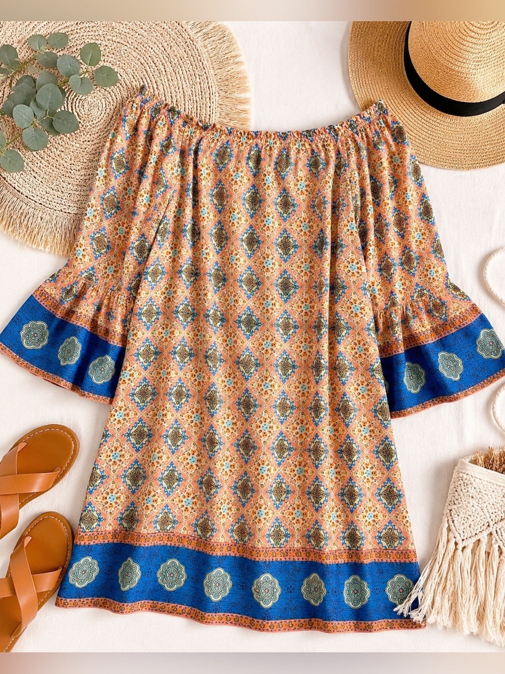 Uncle Frank Boho Peach and Teal Boho Off Shoulder Dress Small Will Fit Large EUC
